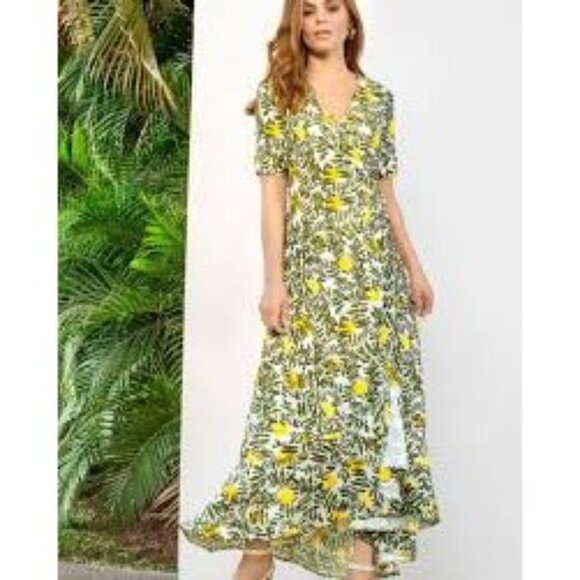 Boutique  Womens Wrap Dress Lemon Leaf Print Short Sleeve V-Neck Maxi Length - Picture 2 of 11
